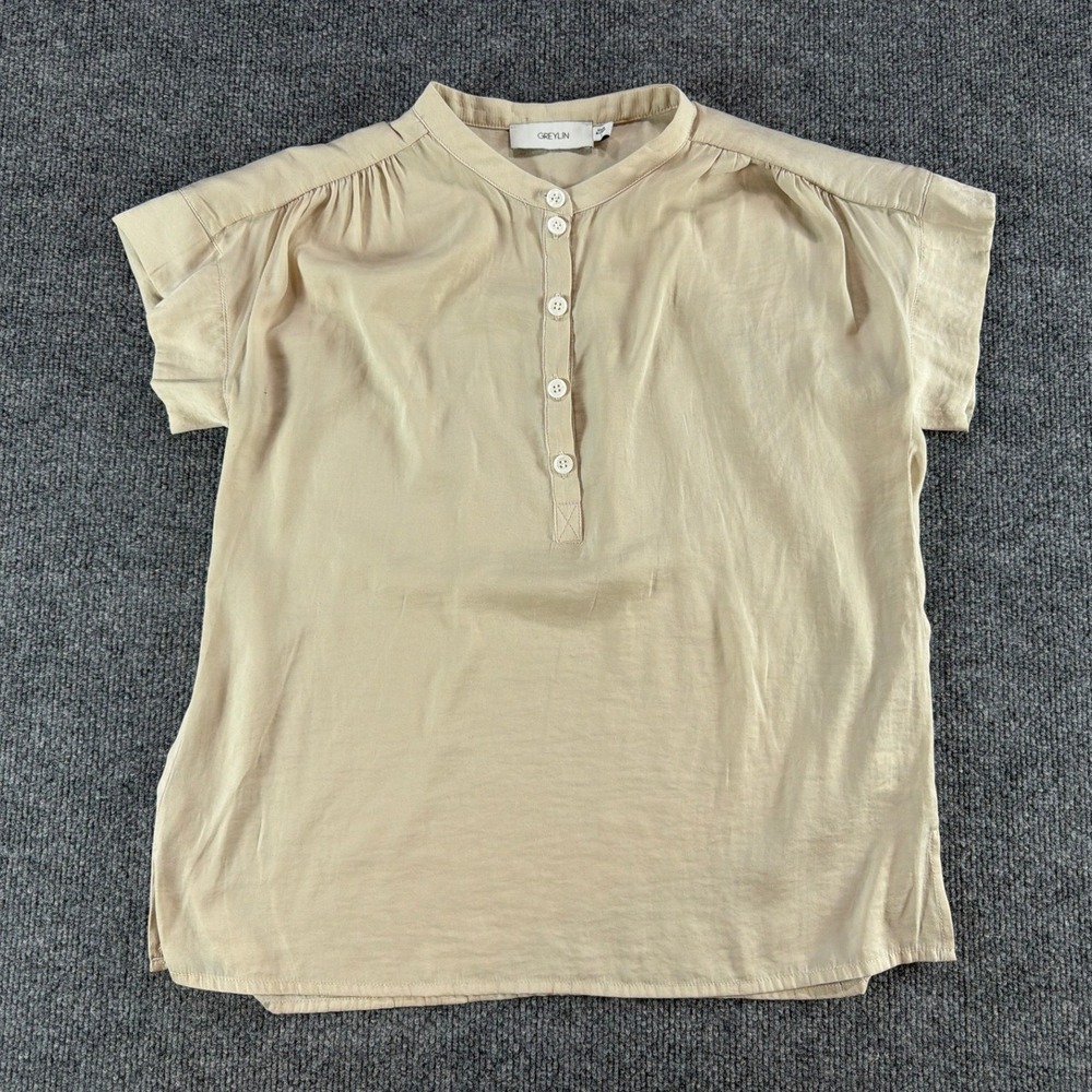 Greylin Womens Beige Short Sleeve‎ Silk Henley Blouse Tan Mandarin Collar Size S